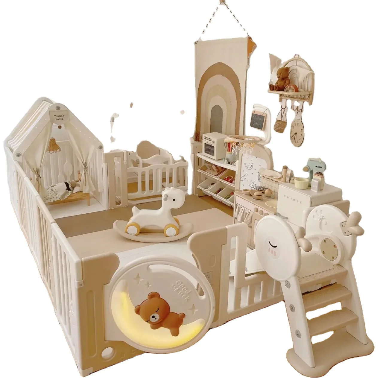 Patio de juegos para niños, parque infantil de plástico HDPE, vallas de puerta de seguridad interior y parque infantil para bebés con tapete de juego