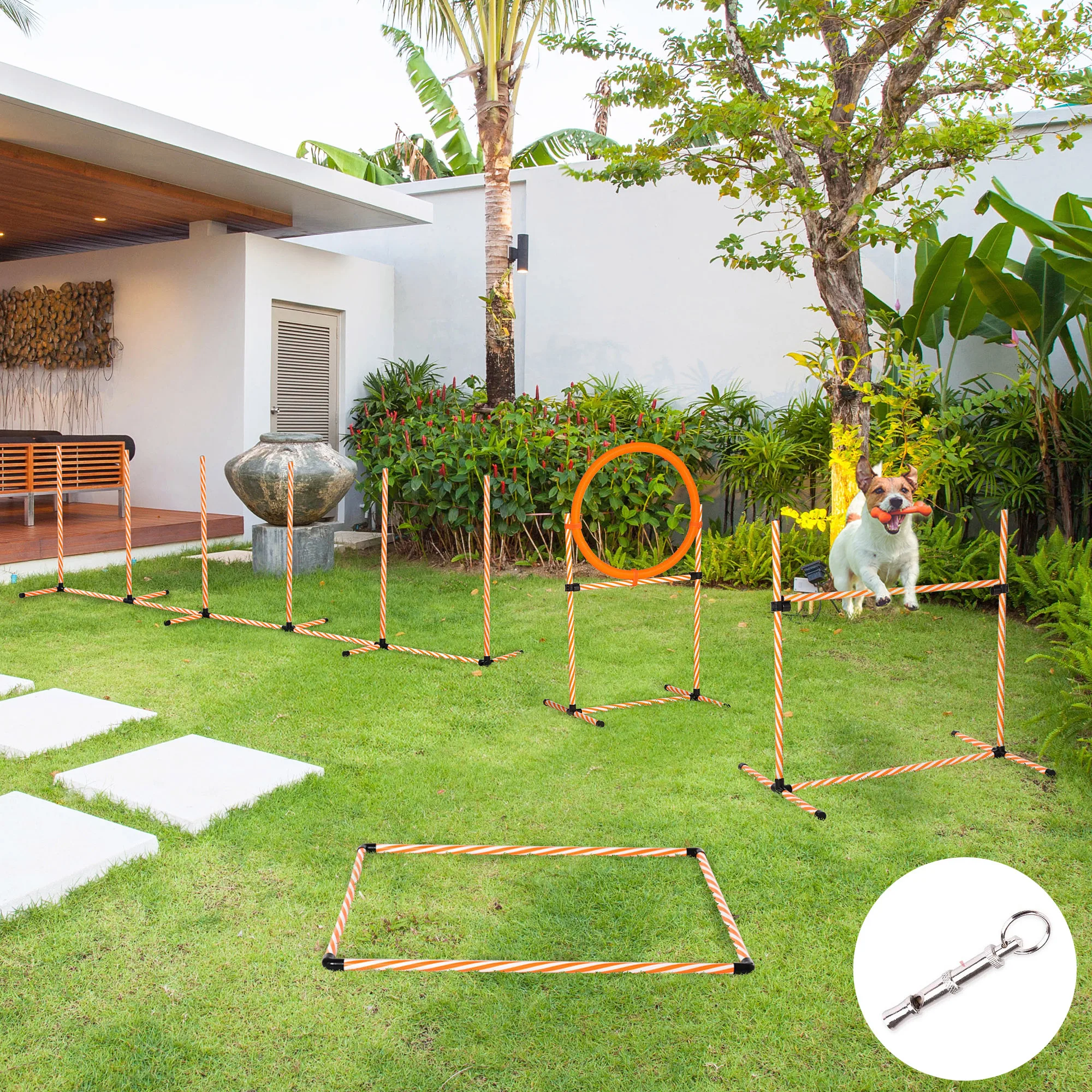 PawHut Set de Entrenamiento de Agilidad para Perros de 4 Piezas Juego de Agilidad para Perros con Piquetes para Slalom Zona de Reposo Valla y Anillo de Salto Naranja - imagen 2