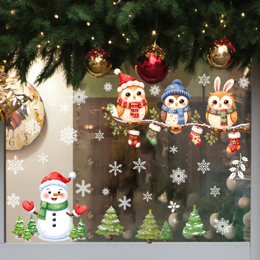 Pegatina de ventana de Navidad, pegatina de ventana electrostática autoadhesiva de búho de muñeco de nieve, decoración de fiesta, pegatina de ventana de vidrio - imagen 3