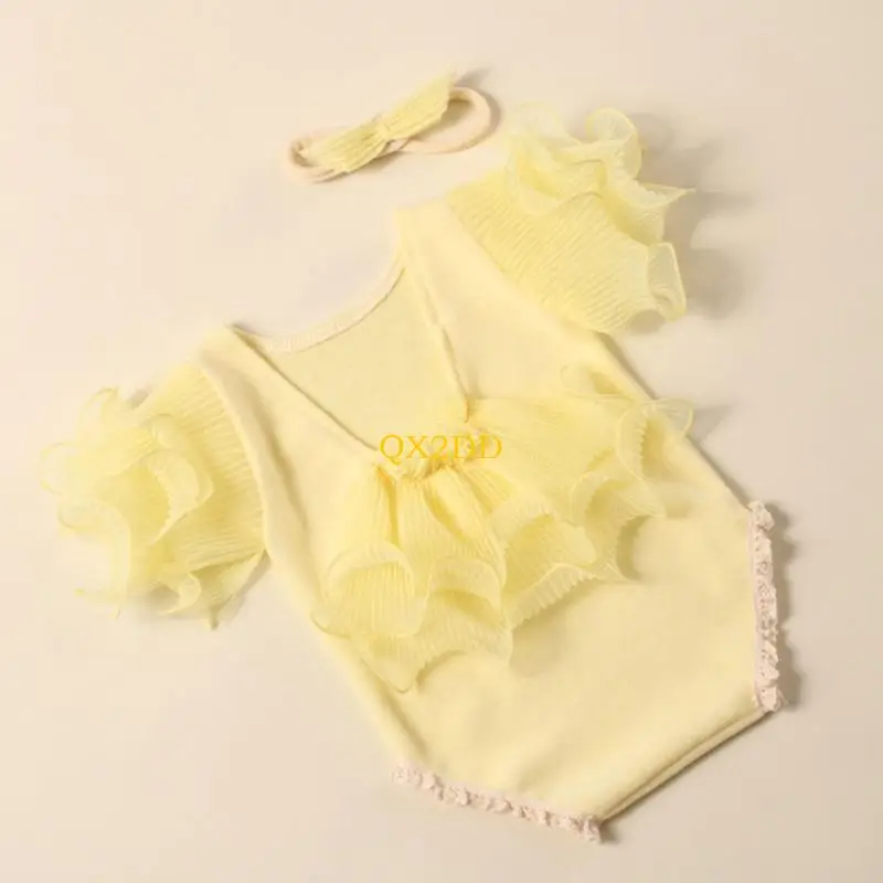 QX2D Bebé Navidad Foto Traje Encaje Mameluco Recién Nacido Fotografía Bowknot Hairband - imagen 4