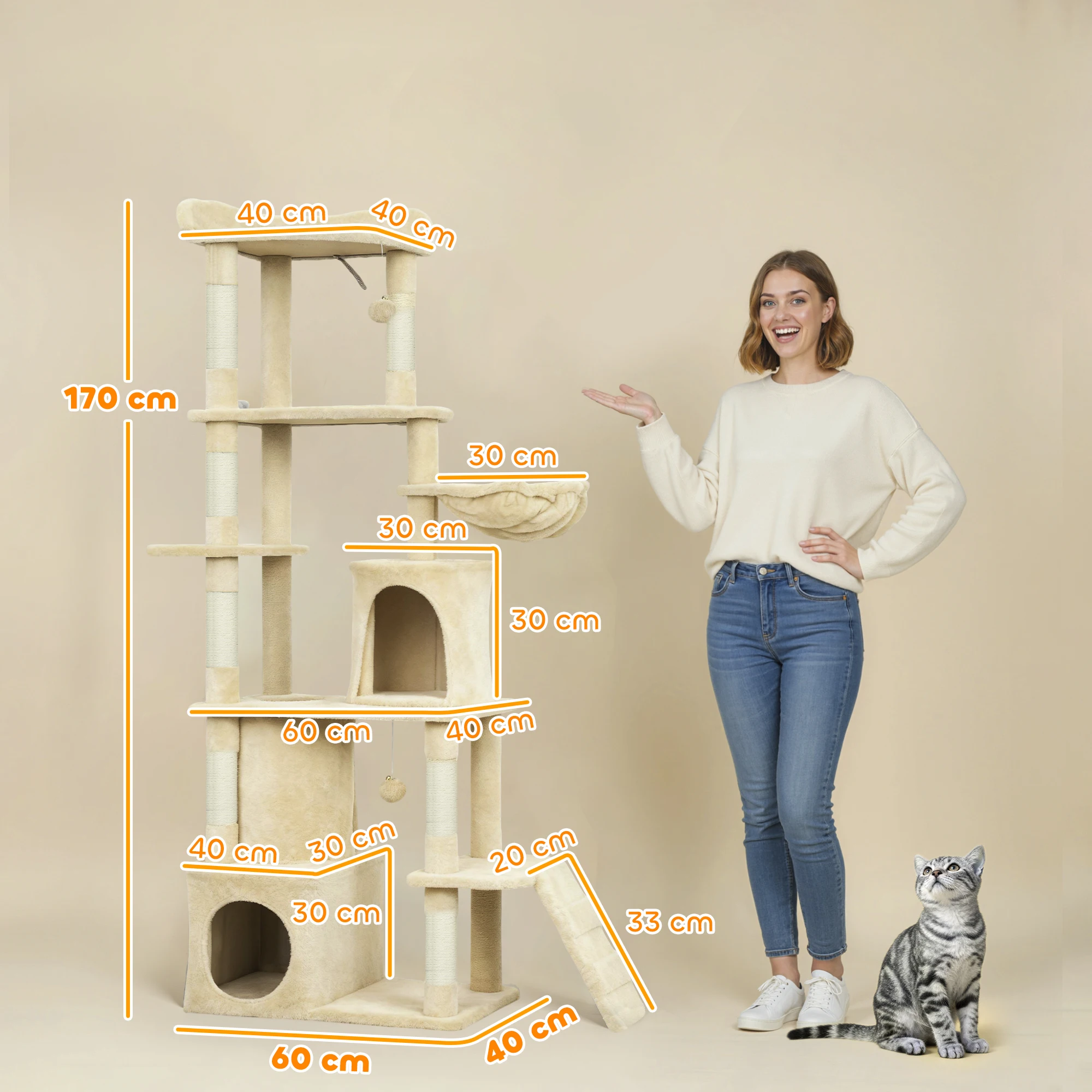 PawHut Árbol Rascador para Gatos Grande, Árbol para Gatos, Altura 170 cm, Torre de Escalada con 7 Postes, 1 Túnel, 3 Plataformas, 2 Cuevas, 1 Hamaca, 1 Percha, 1 Rampa, Pompones - imagen 3