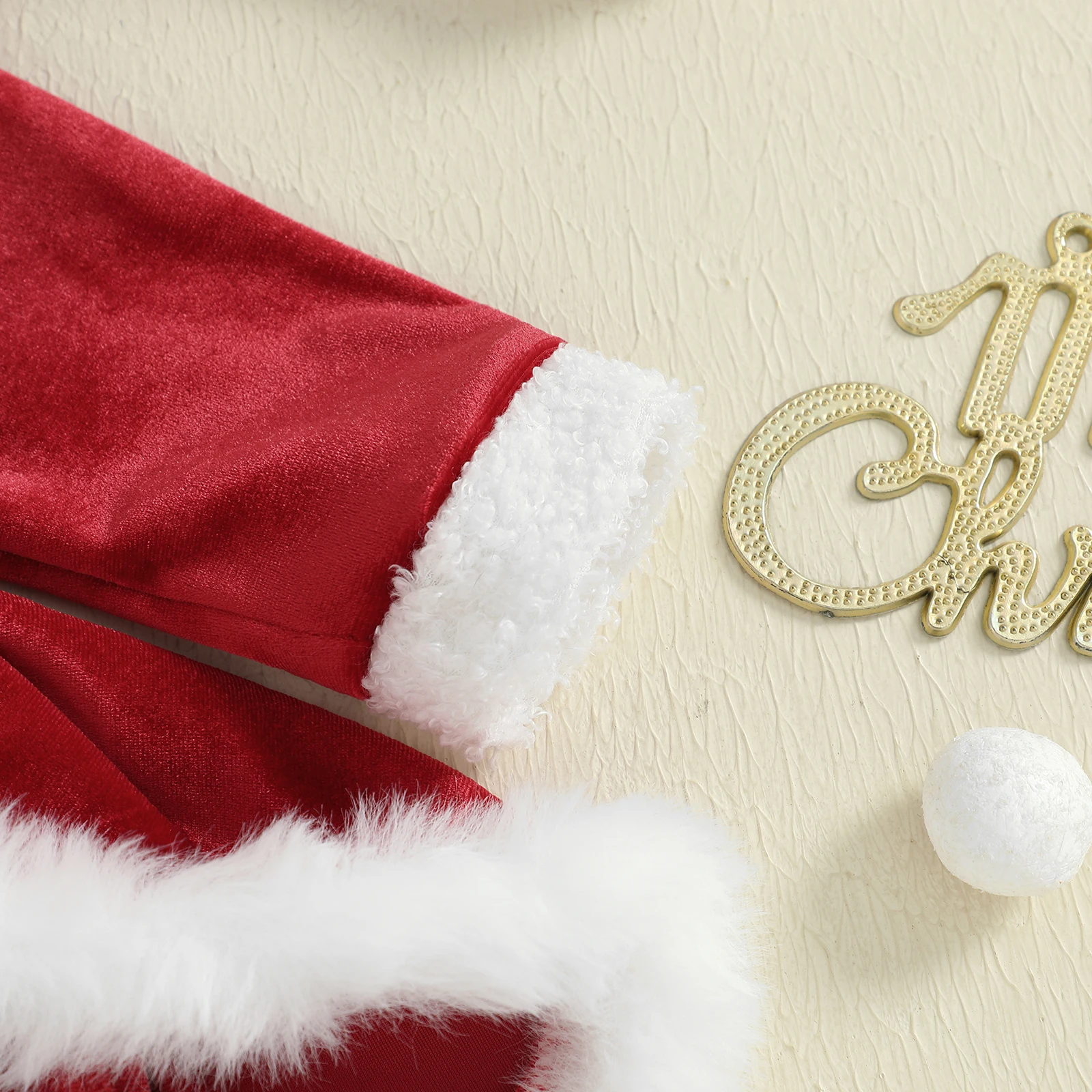 VISgogo Vestido mameluco navideño para niñas, monos de manga larga con retazos de felpa y lindo conjunto de gorro de Papá Noel para trajes para niños pequeños - imagen 4