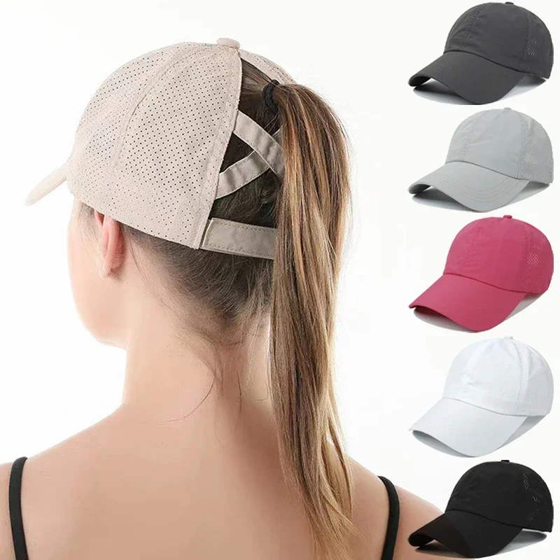 Gorra de béisbol de verano para mujer, sombrero de cola de caballo cruzada de Color sólido, gorras semi huecas de secado rápido para hombre, ropa de Golf, sombrero deportivo de ocio en 6 colores - imagen 2