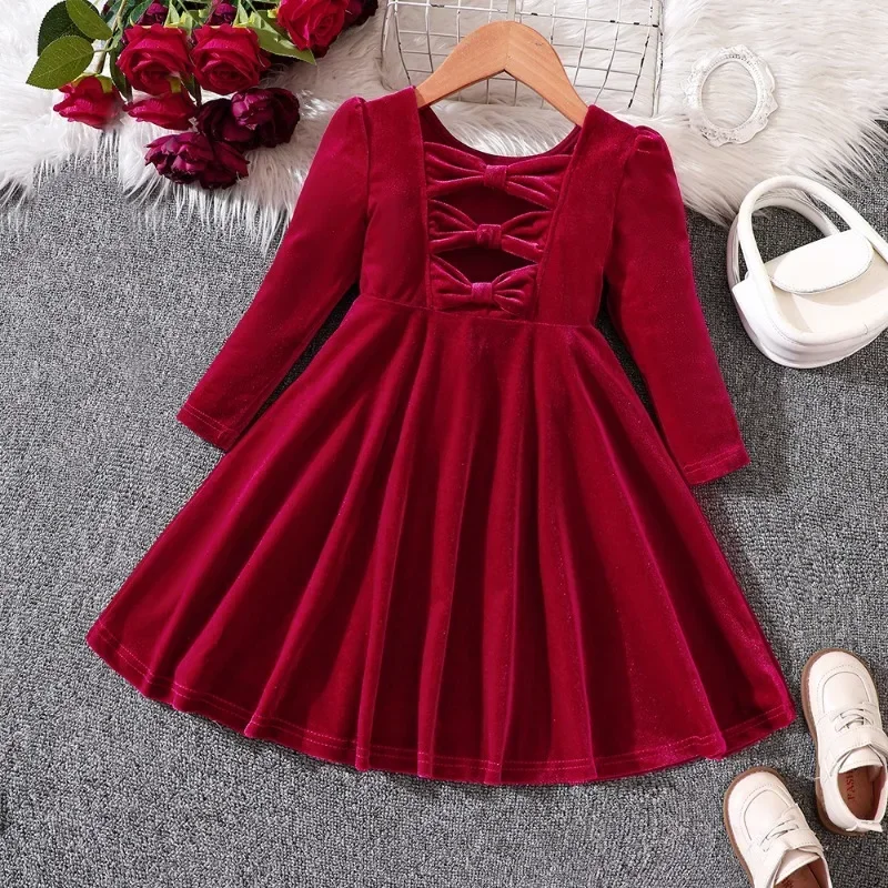 Vestidos de manga larga para niñas, traje de fiesta de terciopelo de princesa, ropa de boda roja, lazo de moda, Otoño e Invierno