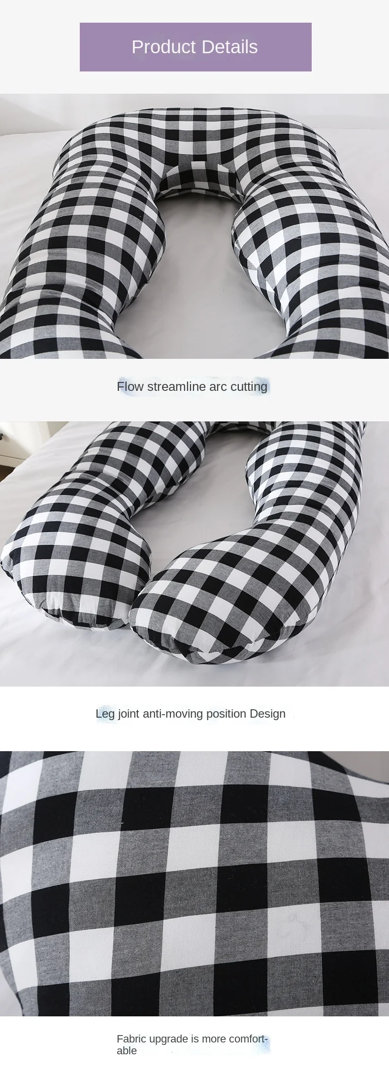 Un producto que parece ser una almohada para el cuello con un estampado de cuadros en blanco y negro. La almohada está diseñada para brindar soporte para el cuello y la cabeza, y probablemente se pueda usar durante el viaje o mientras duerme.
