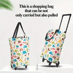 Carrito de compras plegable portátil de dibujos animados Dino Stair, carrito de escalada, remolque pequeño con asa y ruedas, bolsa de compras con ruedas