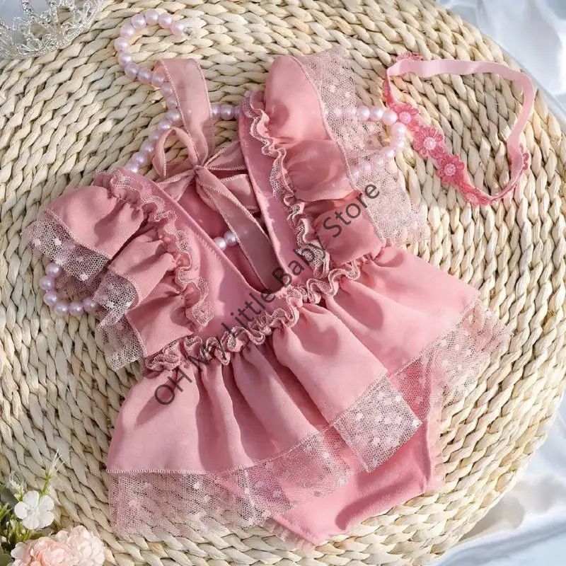 M76C Ropa para sesión fotos bebé, diadema flores y conjunto pelele, accesorios fotografía para niña - imagen 4