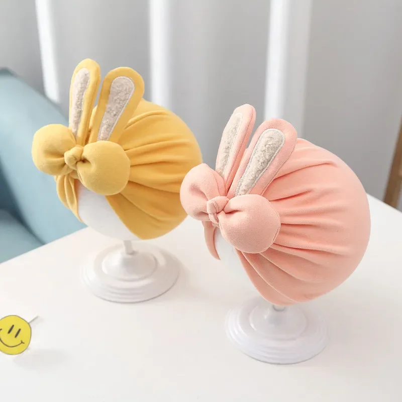 Gorro turbante con orejas de conejo para bebé, gorro infantil de Color sólido para niñas y niños, gorro indio de algodón suave, gorro para niño pequeño - imagen 2