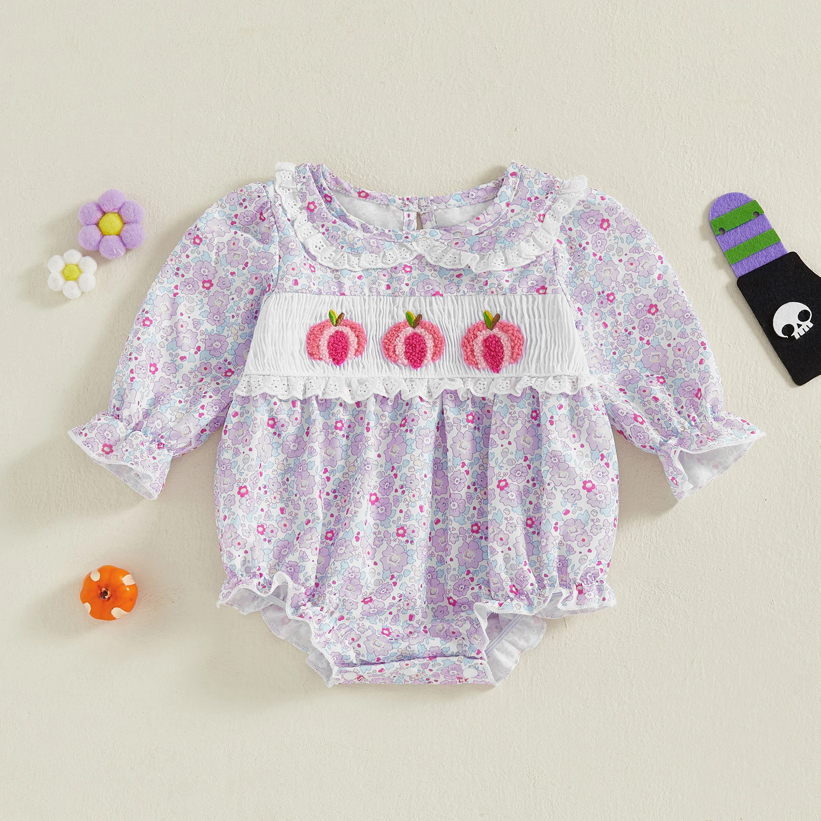 SUNSIOM-Pelele de Halloween para niña de 0 a 18 meses, mono de manga larga con adorno de encaje ahumado Floral de calabaza, ropa bonita de otoño