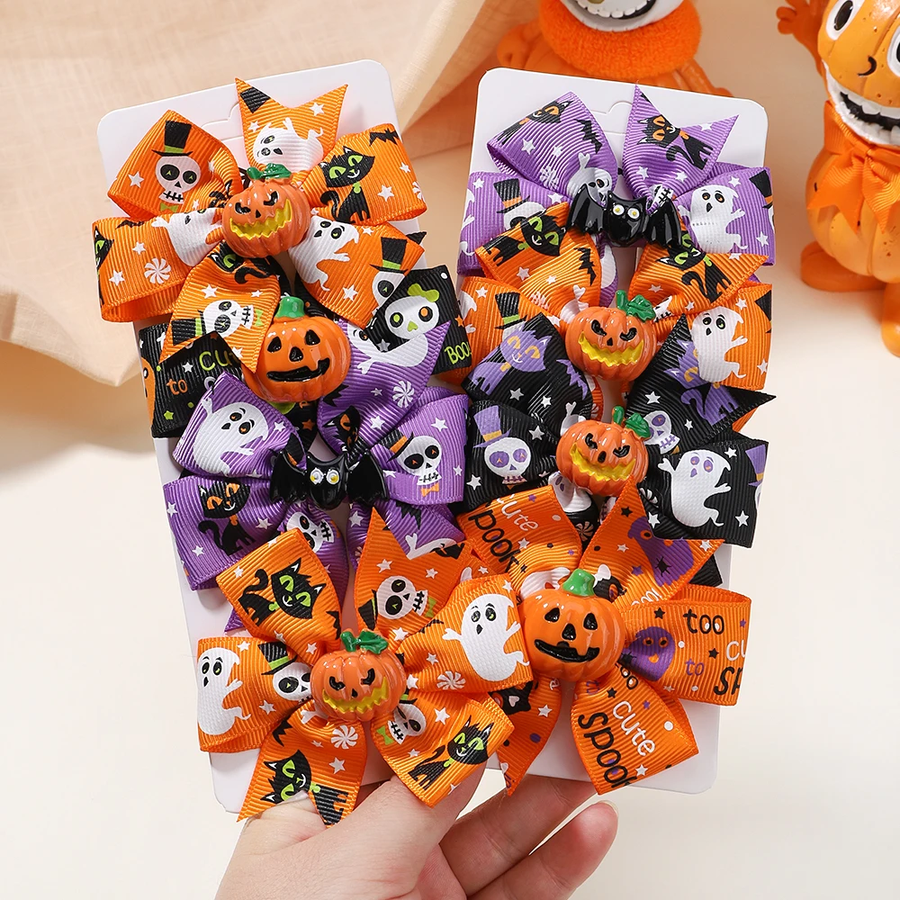 4 unids/set cinta de Halloween niños lazos horquilla para niña divertida calabaza horquilla animación Bowknot horquilla accesorios para el cabello - imagen 5