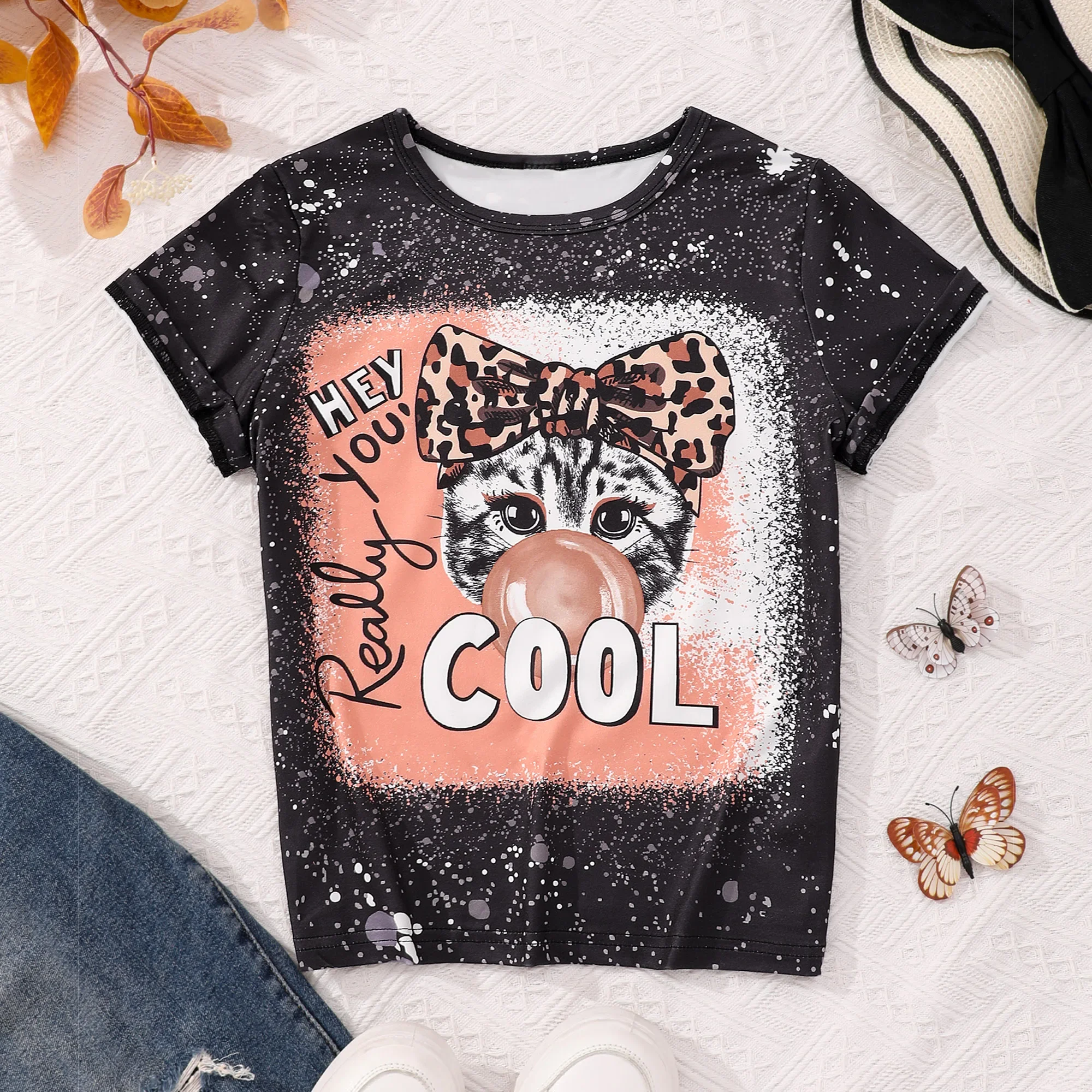 Ropa de verano para niños y niñas, tops coloridos con estampado de patrón de manga corta, ropa informal sencilla para niñas de 8 a 12 años - imagen 2