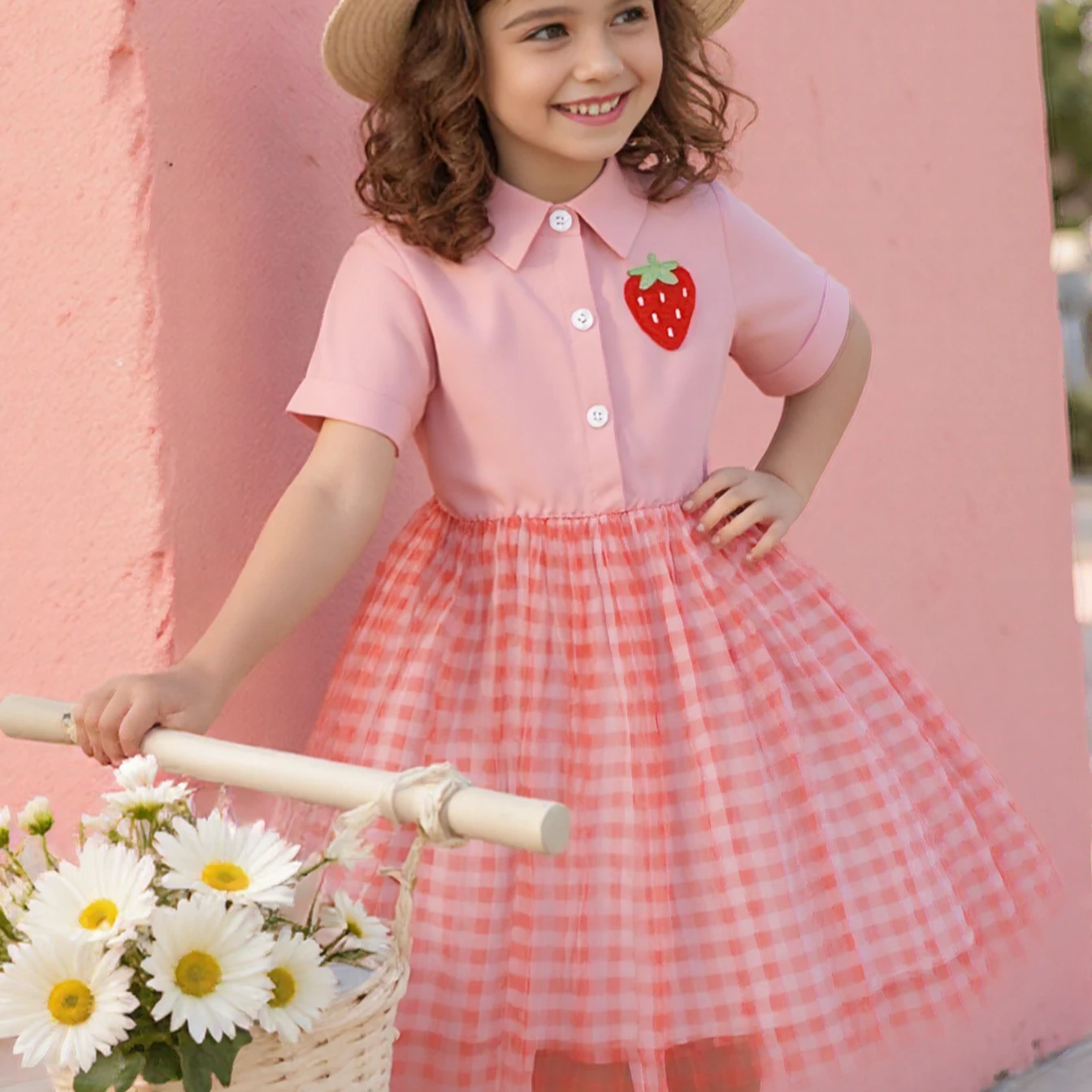 Vestido rosa de fresa para niña, conjunto de ropa de verano, manga corta, cuello tipo Polo de malla, bonito vestido informal para niño de 2 3 4 5 6 7 años