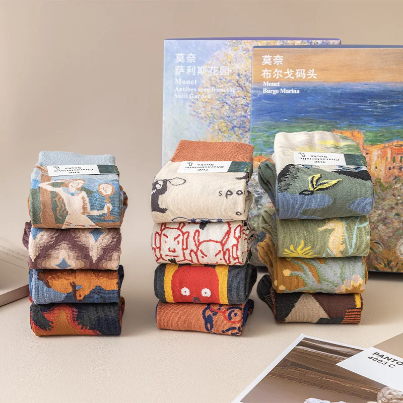 4 Uds Serie Monet calcetines de lona estilo mujer Otoño Invierno moda Retro calcetines de longitud media medias de algodón accesorios de ropa - imagen 2