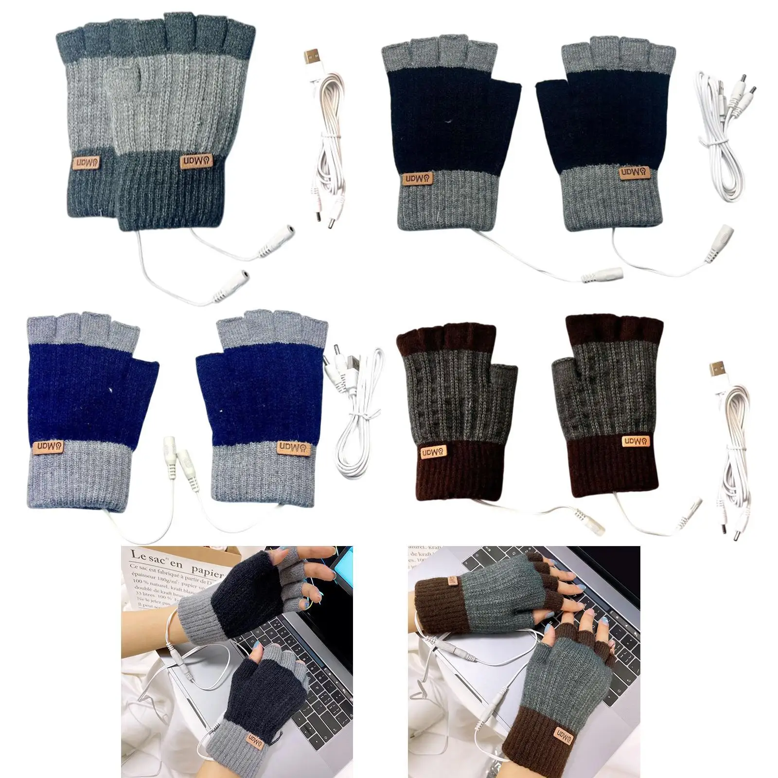 Guantes calefactables USB para hombres y mujeres sin dedos para ciclismo, trabajo, escritura, deportes, portátil