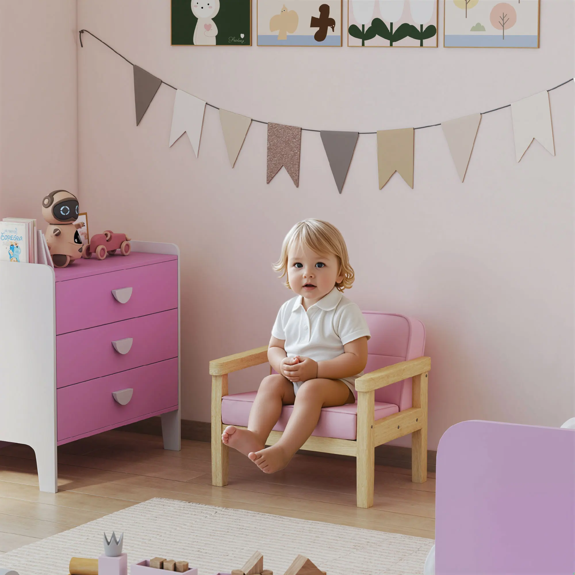 AIYAPLAY Sillón Infantil, Sofá para Niños de +3 Años, con Tejido Suave de Pana, Estructura de Madera, Asiento y Respaldo Acolchado, Reposabrazos, Carga 45 kg, 46,5x44x45 cm, Rosa