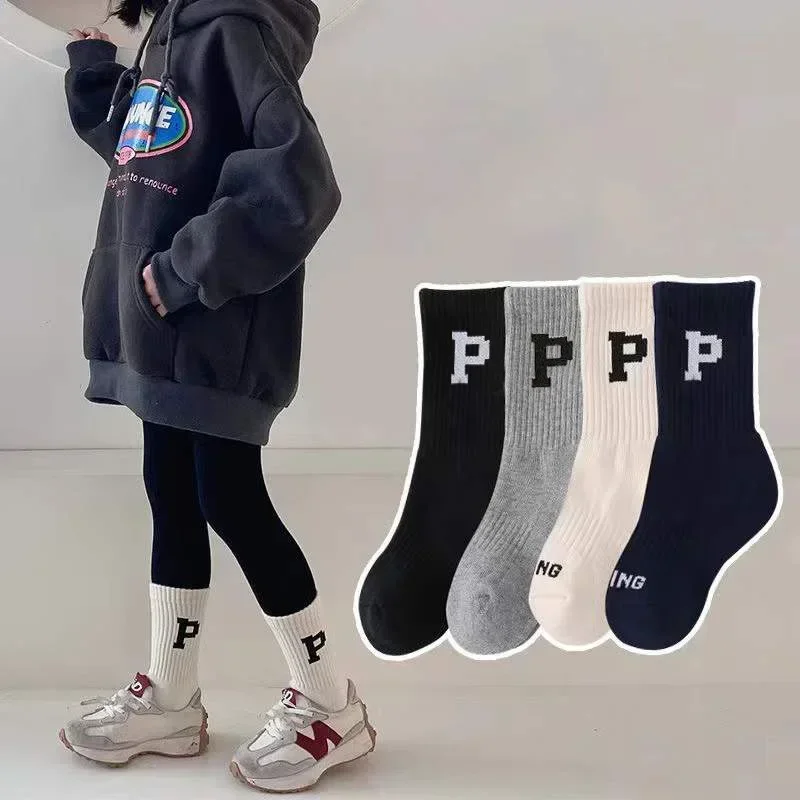 2 pares de calcetines de algodón peinado para niño y niña, calcetín de pantorrilla de Color sólido, moda coreana, cuatro estaciones - imagen 3