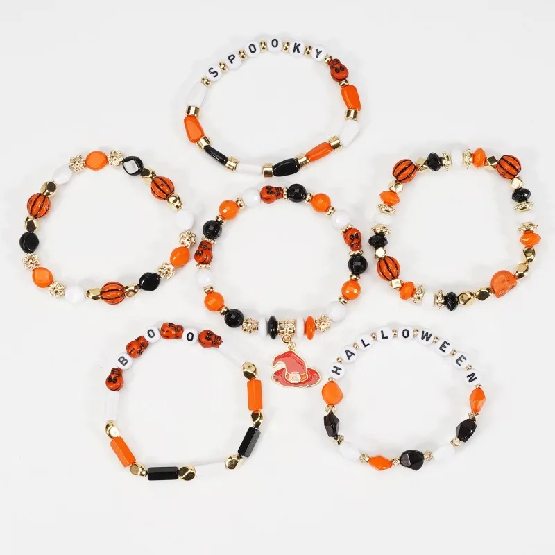 1/2 Uds pulsera de Halloween cristal Artificial pulsera de cuentas de cerámica suave calabaza fantasma sombrero de murciélago colgante pulsera de fiesta - imagen 3