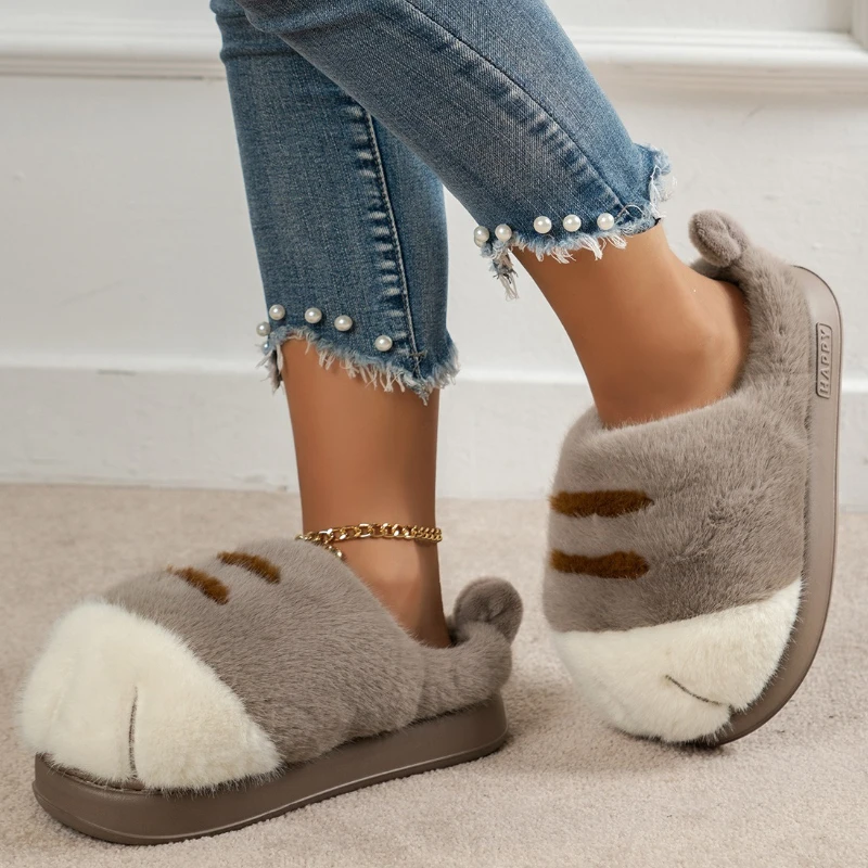 Zapatillas mullidas de interior para mujer, zapatos cálidos de invierno con pata de dibujos animados, suela gruesa, ligera, suave, de piel sintética, para el suelo del hogar