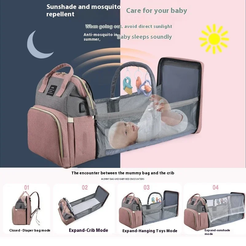 Bolsa de mamá de viaje, cama de cuna plegable portátil, bolsa de maternidad de gran capacidad, mochila saliente para bebé, bolsas de pañales impermeables para bebé - imagen 3