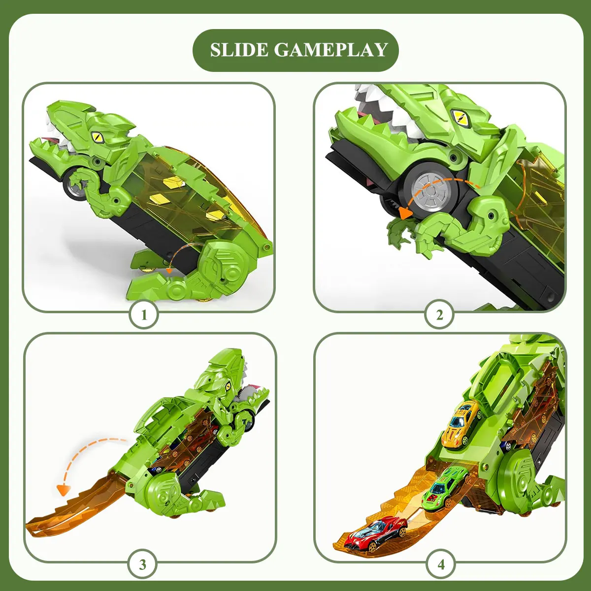 Camión de dinosaurio dos en uno de juguete para niños, Tyrannosaurus Rex, coche de aleación para evitar y almacenar con pista corredera plegable, transportador Gif - imagen 4
