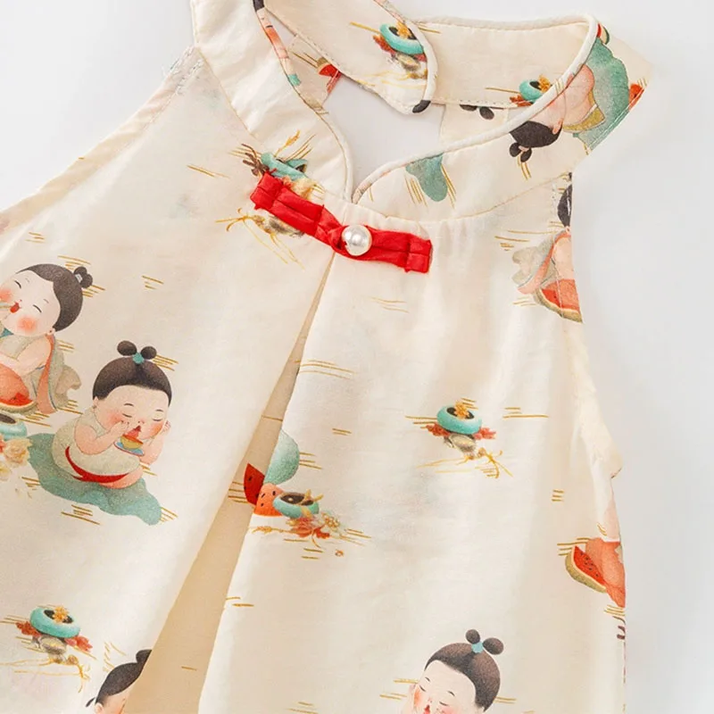 Conjunto de 3 piezas de ropa de verano para niñas recién nacidas, abrigo de algodón con estampado bonito de dibujos animados de estilo chino, mono sin mangas y banda para el pelo, cosas para bebés B029 - imagen 4