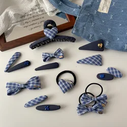 Horquilla de pelo azul a cuadros con lazo para niña