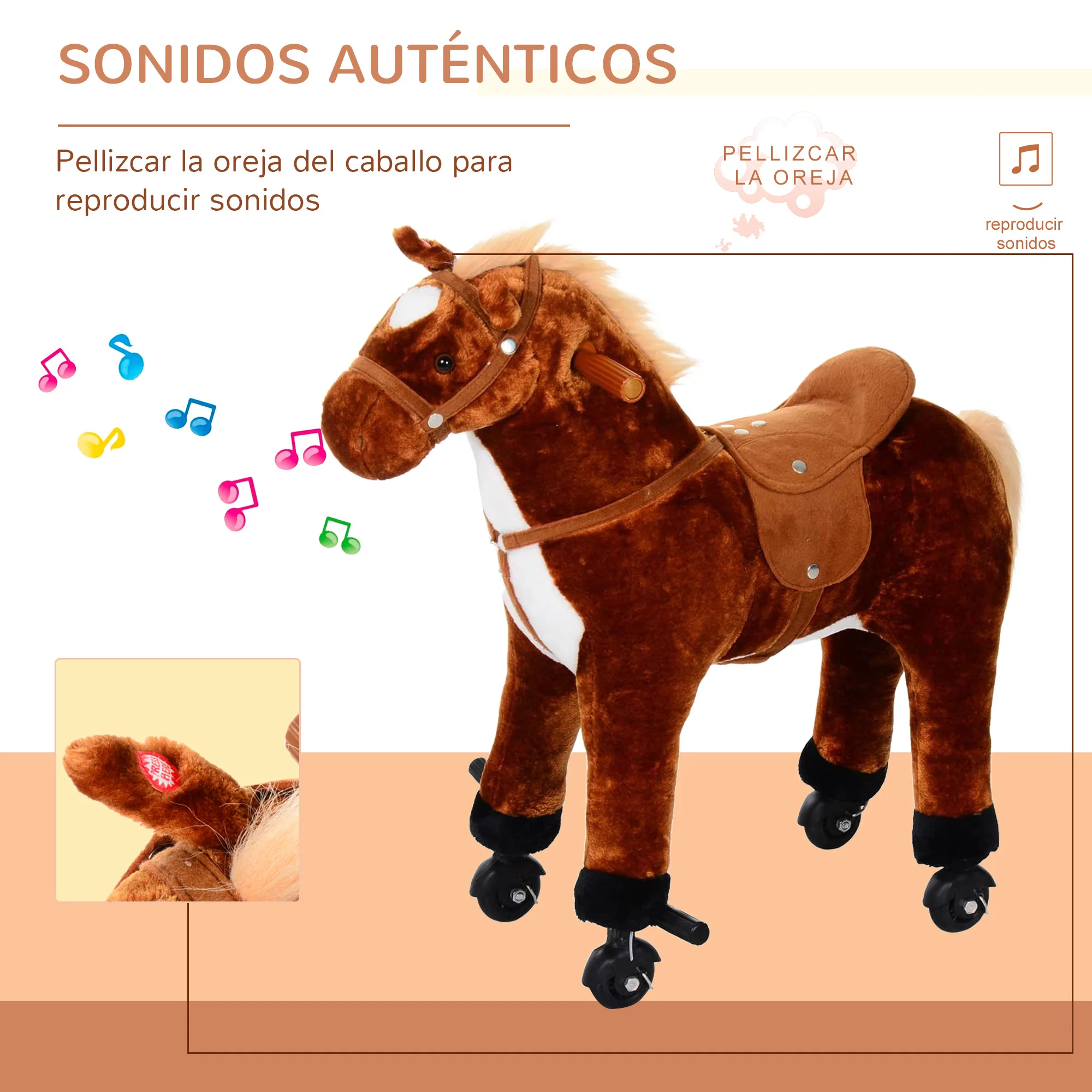 HOMCOM Caballo de Juguete para Niños de +3 Años Caballo de Juguete con Ruedas Sonidos y Estructura de Metal Carga 60kg 65x28x75 cm Marrón - imagen 5