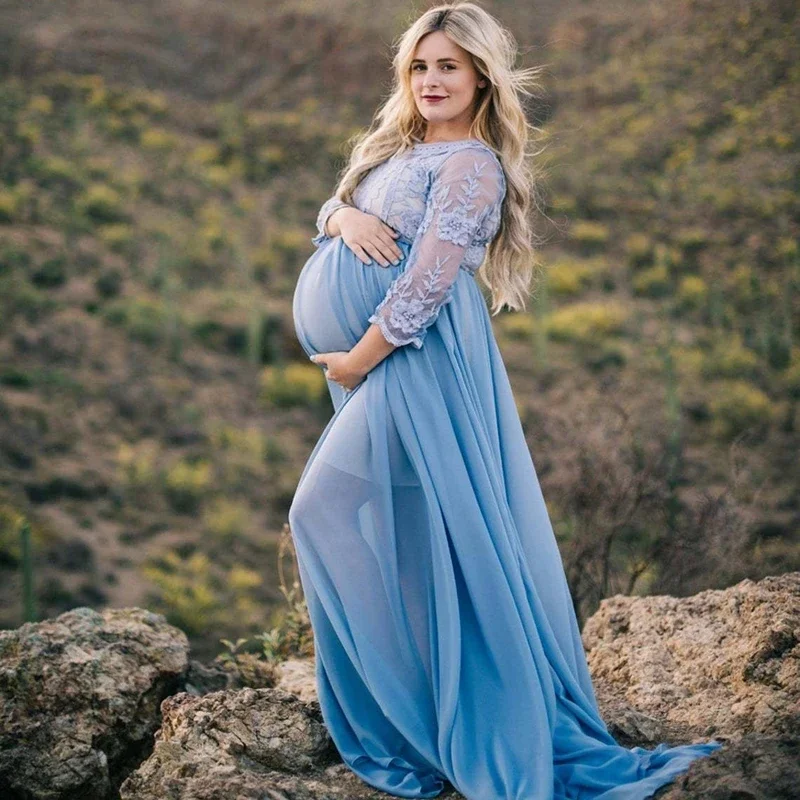 Vestidos largos de maternidad de encaje para sesión de fotos, gasa de manga larga, mujeres embarazadas, Baby Shower, vestido de embarazo, fotografía - imagen 5