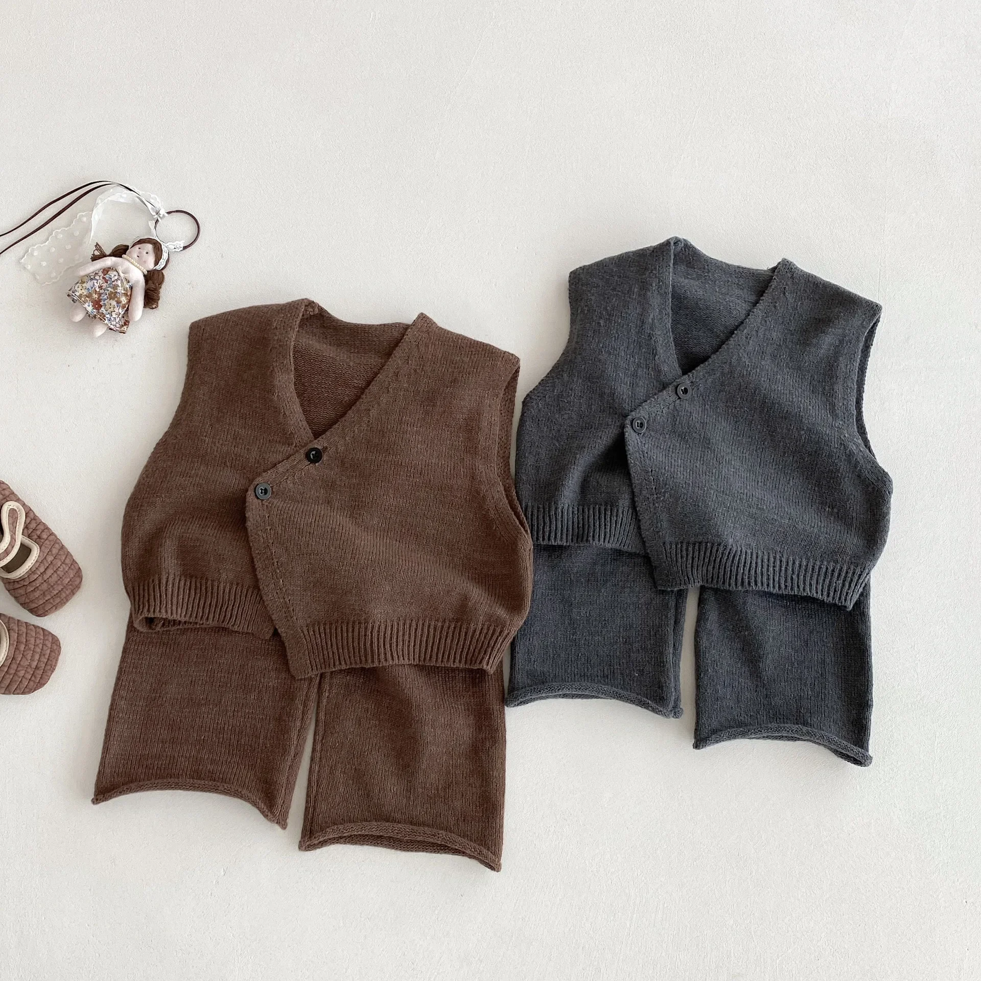 Conjunto de ropa para niños de 1 a 6 años, chaleco tejido y pantalones de pierna ancha, conjunto de ropa para niños de 2 uds., traje de suéter de estilo breve para niñas - imagen 3