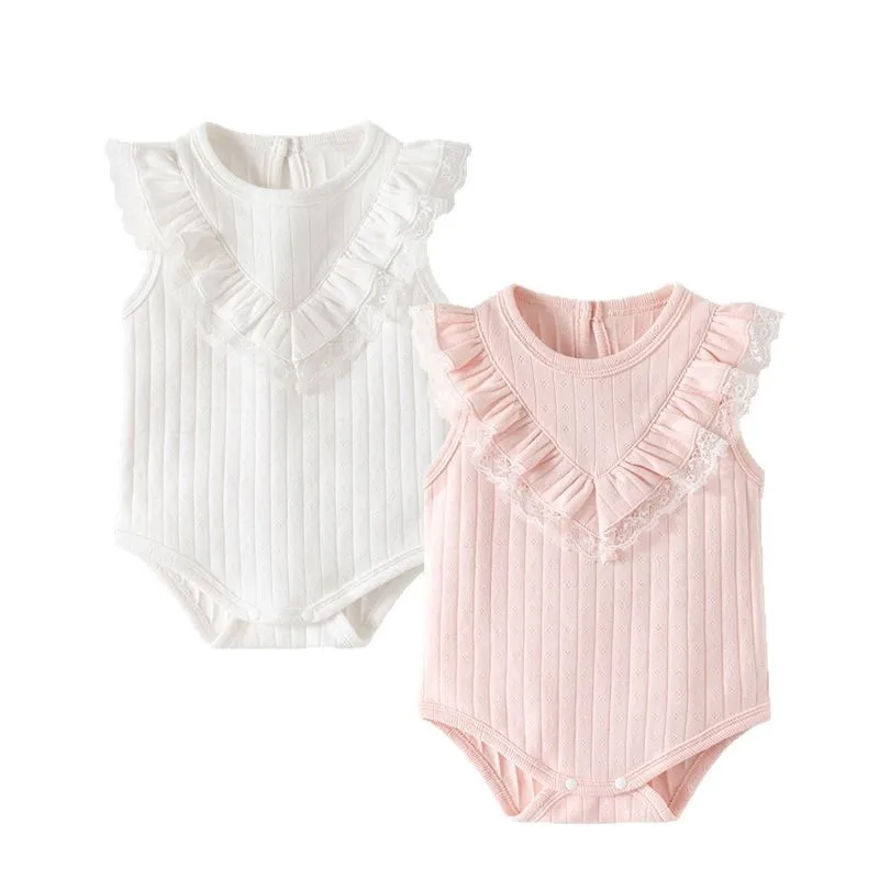 Ropa de verano para niñas recién nacidas, monos rosas de algodón con encaje a la moda coreana, monos sin mangas con cuello en V y cosas para bebés de una pieza B024 - imagen 4