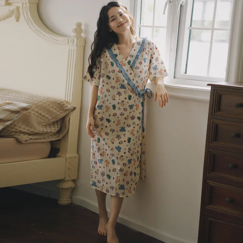 Vestido de lactancia posparto de manga corta de verano, camisón de lactancia para mujeres embarazadas, vestido informal holgado de maternidad a cuadros - imagen 3