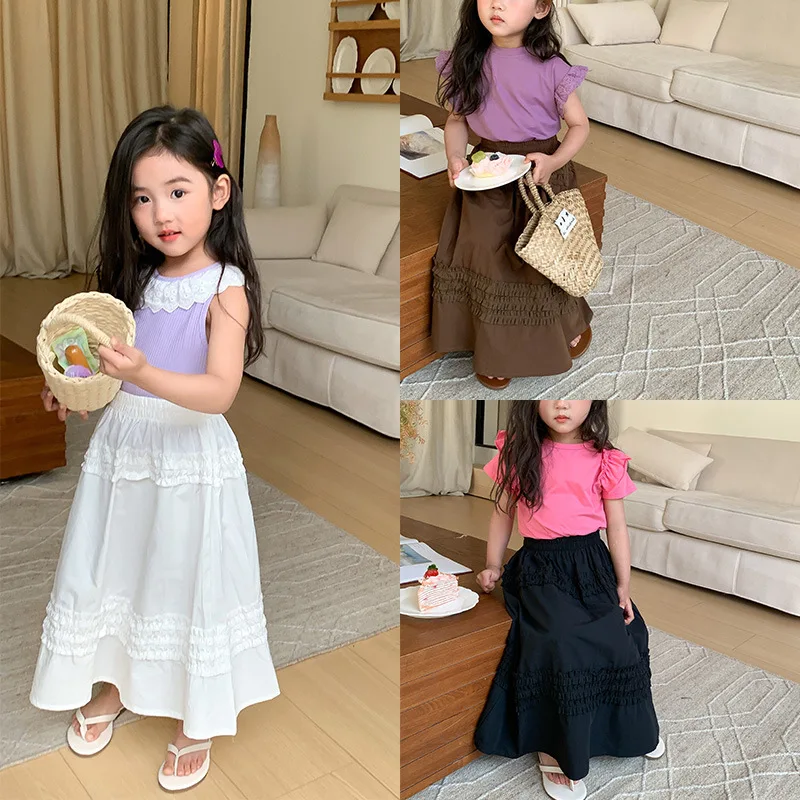 Primavera Verano niña A-line faldas blancas y negras ropa de algodón para niños faldas largas para niñas falda informal All-Macth para niños