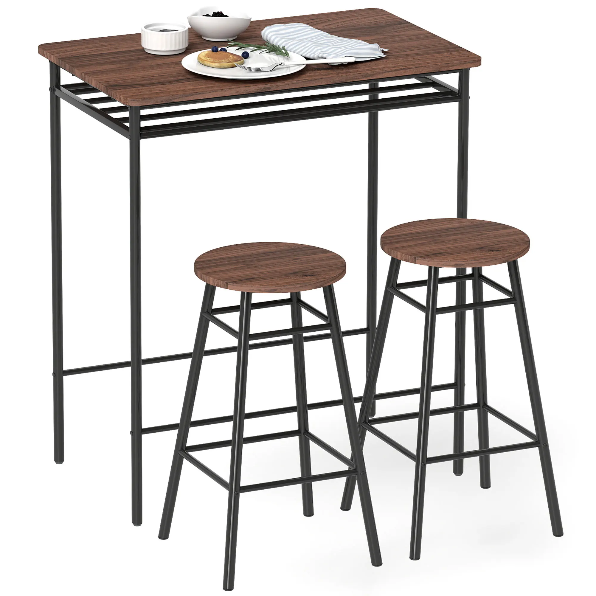 HOMCOM Juego de Mesa y Taburetes de Bar, Mesa Alta de Cocina con 2 Taburetes Industrial, Estante Abierto, Reposapiés, Ahorro de Espacio, para Espacios Reducidos, Comedor, Salón, Marrón
