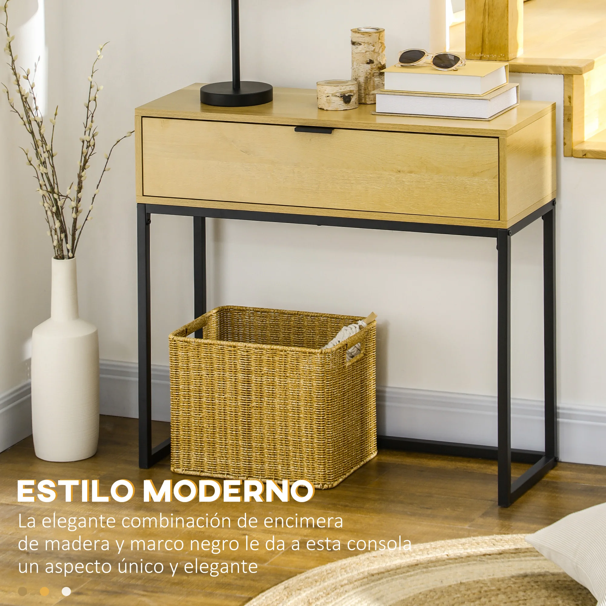 HOMCOM Mesa Consola con Cajón Consola Auxiliar Moderna Mesa de Entrada con Patas de Acero para Pasillo Salón Dormitorio 80x30x76 cm Natural - imagen 4
