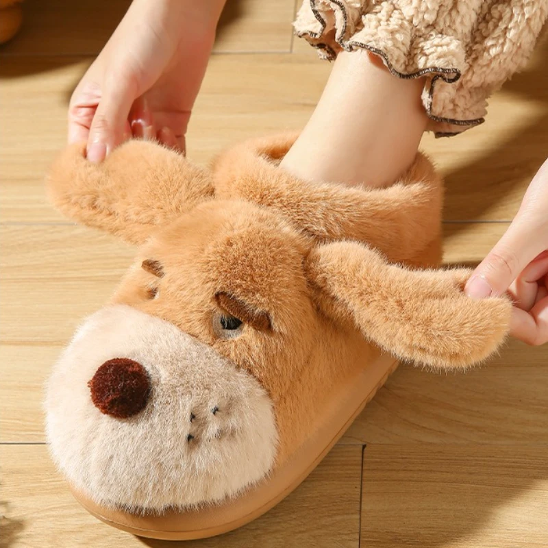 Zapatillas mullidas de perro peludo para mujer, zapatos de casa de invierno de estilo alto, botas de nieve cálidas de felpa con dibujos animados para jardín interior - imagen 4