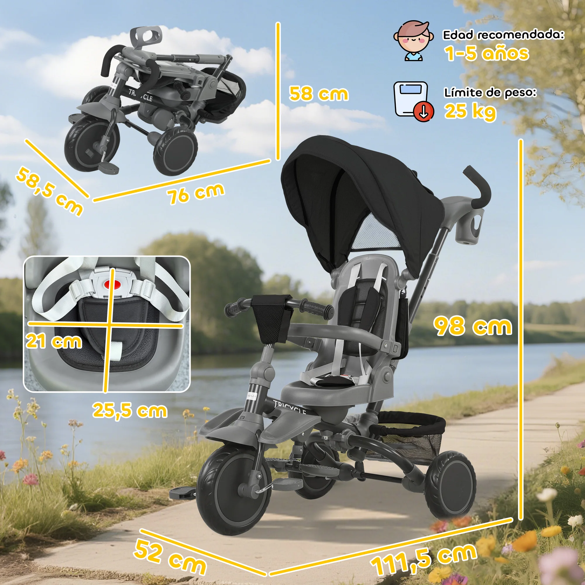 AIYAPLAY Triciclo Evolutivo 6 en 1, Triciclo para Bebés Plegable, 1-5 Años, Asiento Giratorio de 360°, Mango Parental, Respaldo Reclinable, Toldo, Cinturón de Seguridad, Cesta, Reposapiés - imagen 4