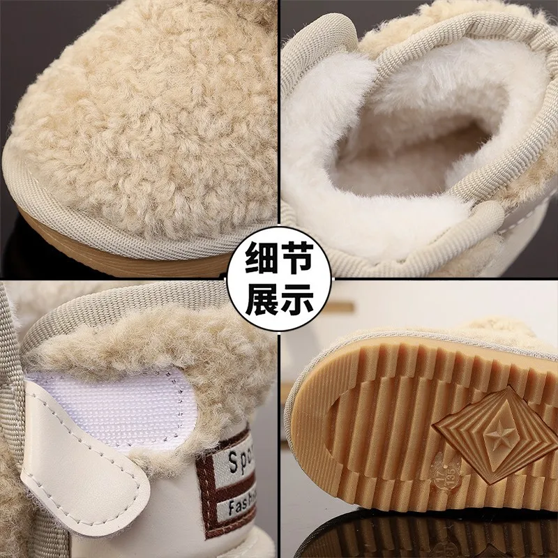 Zapato de algodón para caminar para bebé, versión coreana, bota de nieve Retro para niña, zapatos planos simples e informales antideslizantes, botas cortas con cinturón blanco cálido, 2025 - imagen 4
