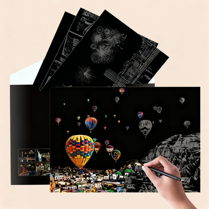 4 hojas de papel artístico para rascar con lápiz óptico, Kit de dibujo de monumentos famosos, pintura para aliviar el estrés, juguete, decoración creativa, regalo divertido para niños y adultos