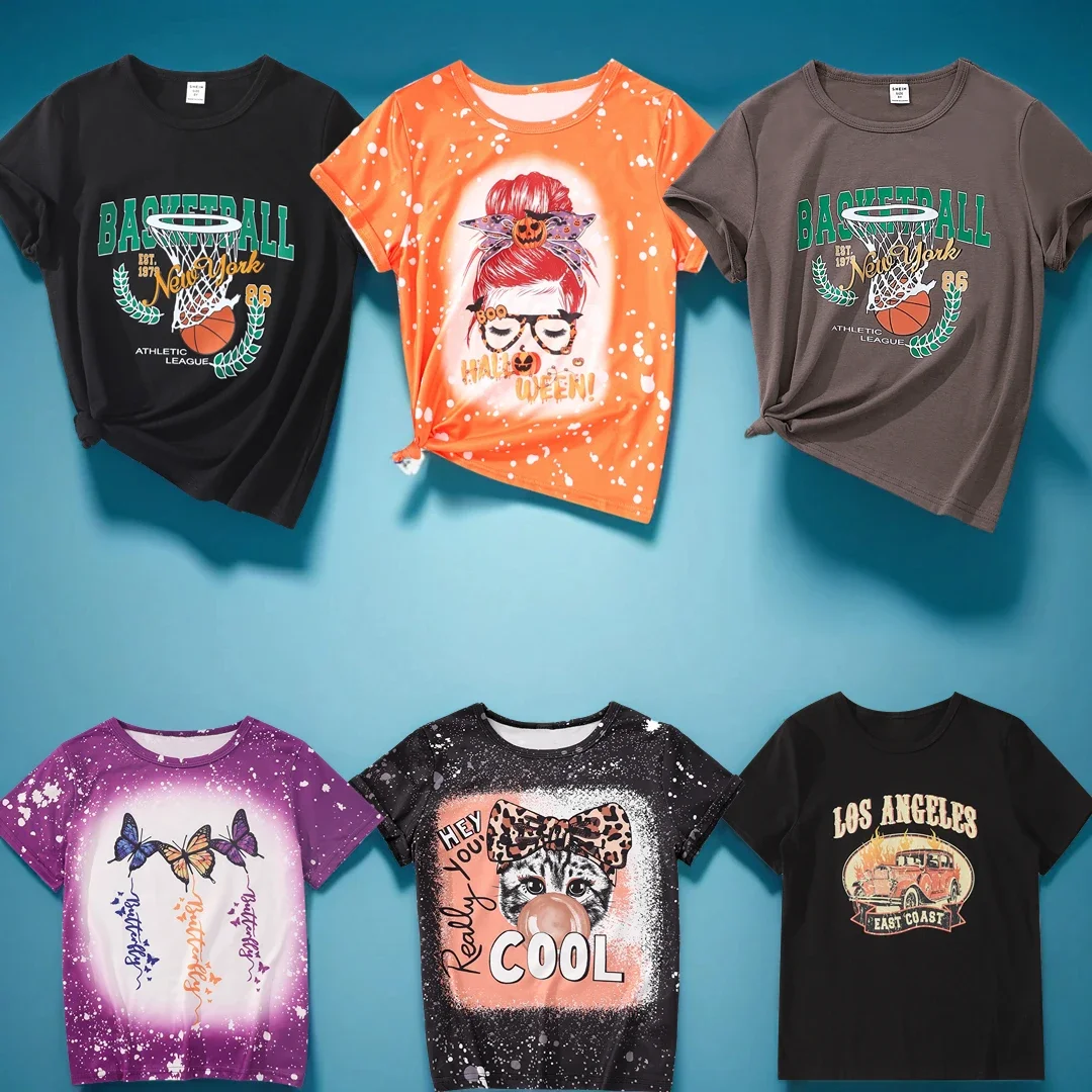 Ropa de verano para niños y niñas, tops coloridos con estampado de patrón de manga corta, ropa informal sencilla para niñas de 8 a 12 años