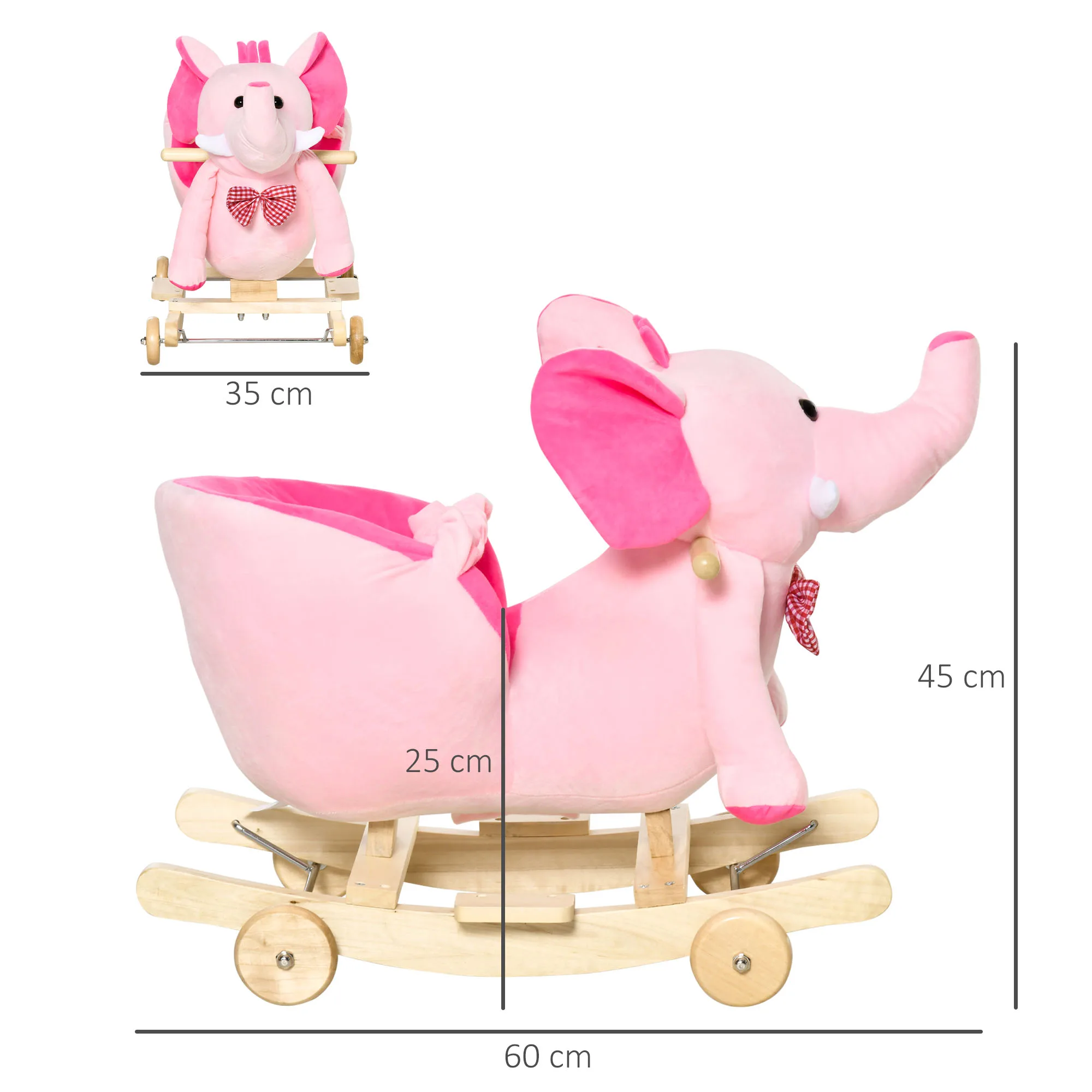 HOMCOM Caballito Balancín con Ruedas Forma de Elefante Caballo Balancín para Bebés de +18 Meses con Músicas Infantiles y Cinturón de Seguridad Carga 60 kg 60x35x45 cm Rosa - imagen 3