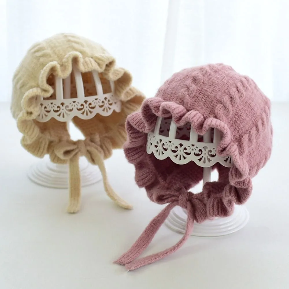 Gorro con capucha para niña de invierno, gorro infantil con protección para los oídos para otoño e invierno, gorro de lana cálido, gorro tejido de encaje para niña de 0 a 2 años - imagen 2