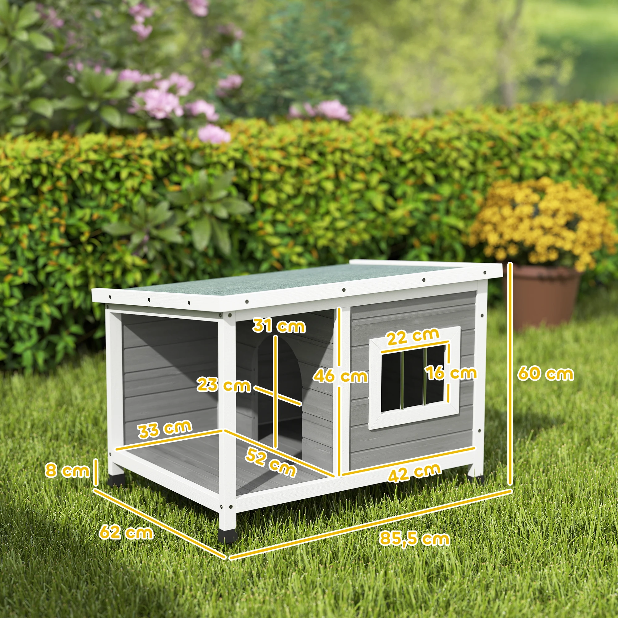 PawHut Caseta para Perros Exterior 85,5x62x60 cm Casa para Perros de Madera con Techo Asfáltico Abatible Puerta y Ventana para Perros Pequeños Gris - imagen 3