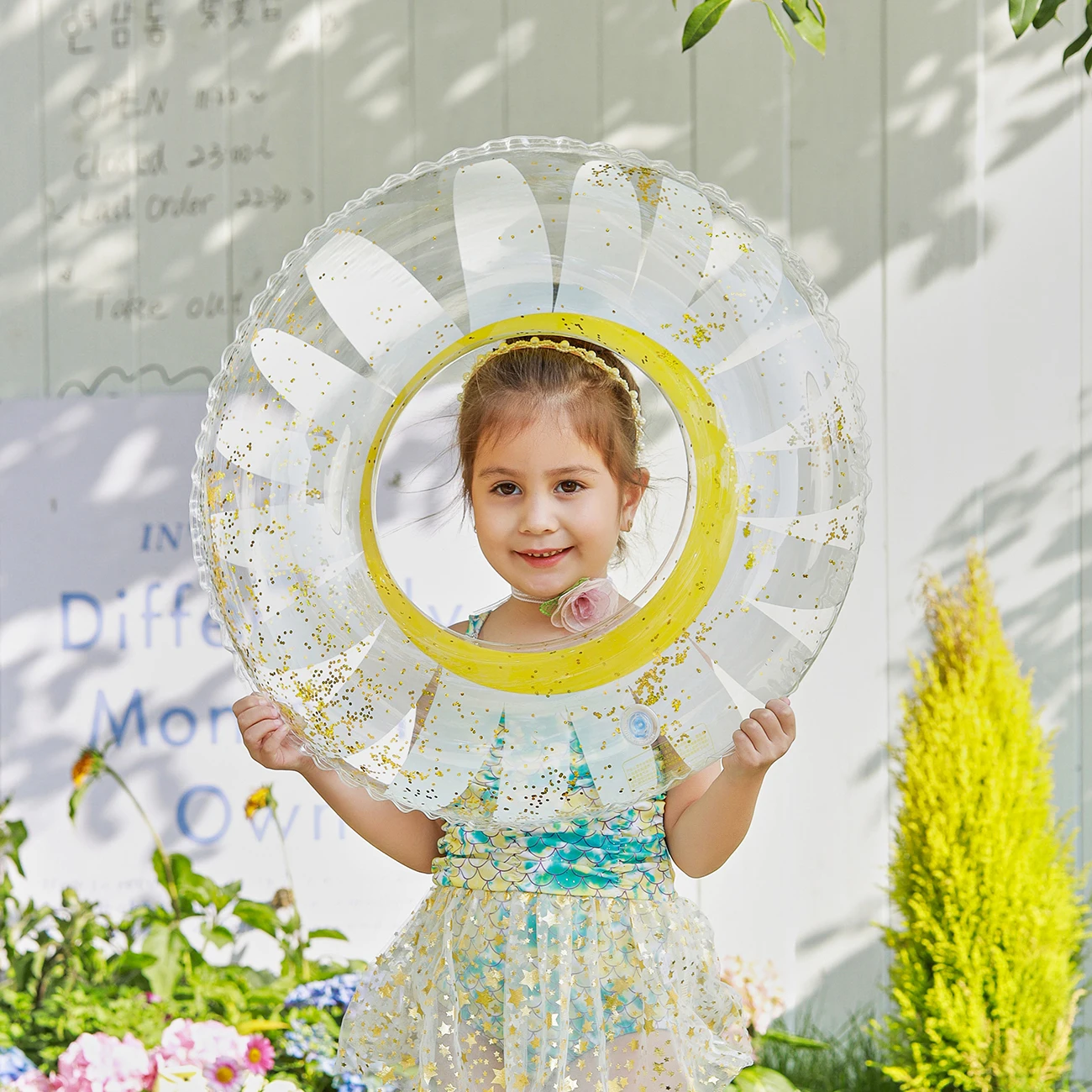 Anillo de natación inflable girasol con purpurina plegable - imagen 3