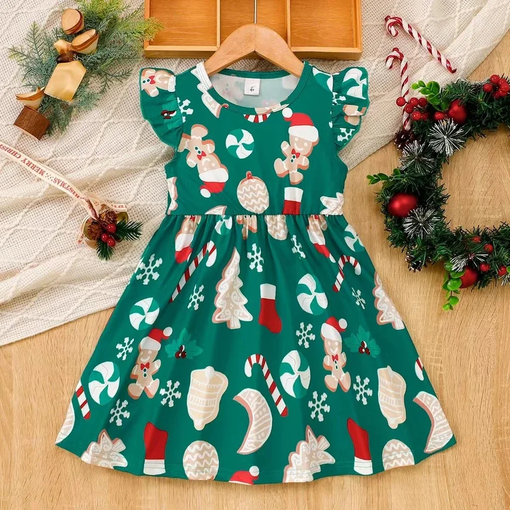 Vestido de Navidad para niña de 4 a 7 años, falda con estampado de Papá Noel sin mangas con volantes, trajes de fiesta para Festival infantil de estilo festivo a la moda