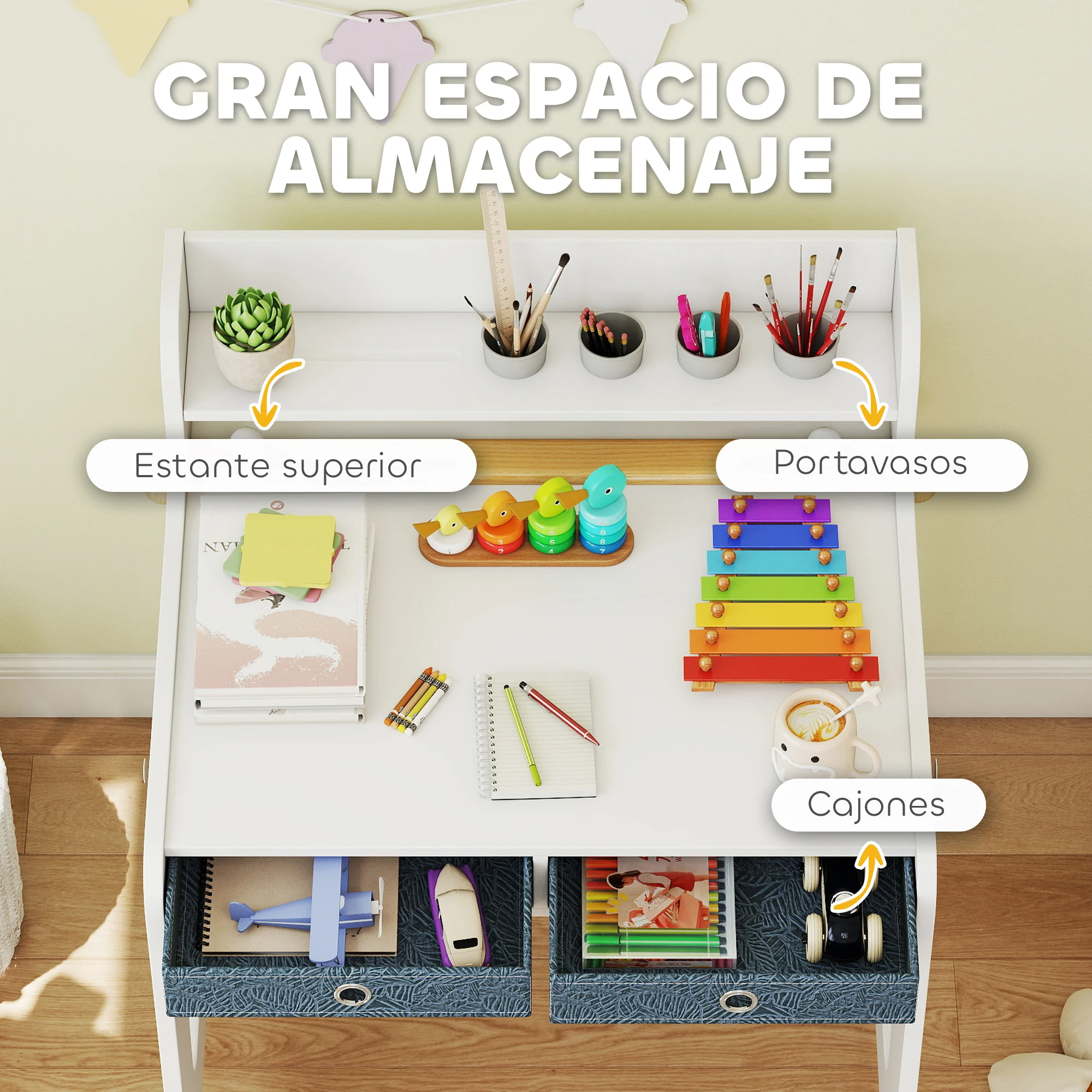 AIYAPLAY Escritorio Infantil con Silla, Pupitre Infantil con 2 Cajones Extraíbles, Estante y Portavasos, para Estudiar, Leer y Dibujar, Mesa para Niños para Dormitorio, Sala Estudio, Blanco - imagen 5