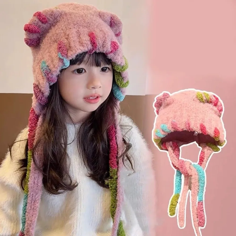 Gorro ligero y cálido de lana tejido con orejas, gorro elástico ajustable para protección de oídos para niños, correas de borlas a prueba de viento, gorro con orejeras - imagen 2