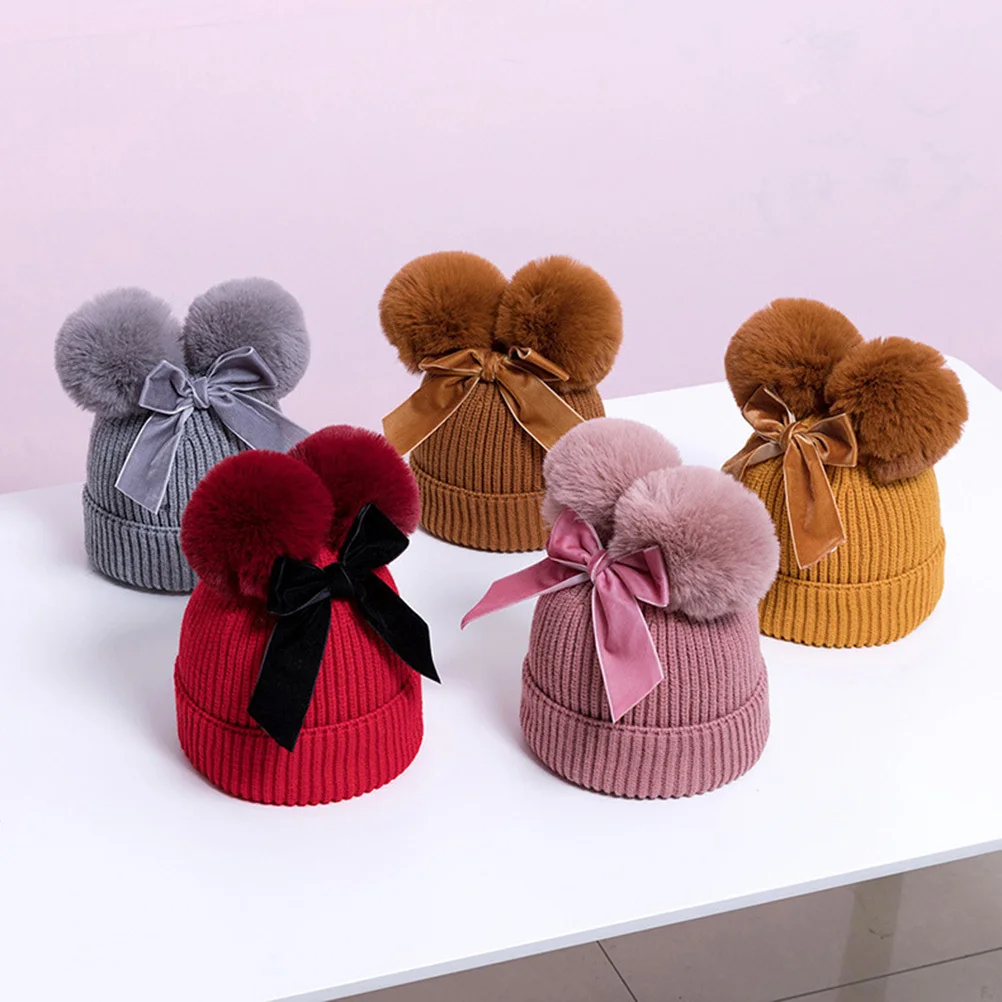 Gorro con lazo de dos tejidos para niños, gorro de ganchillo de invierno para niñas, accesorio fotográfico suave y cómodo, gorro cálido de invierno para niños