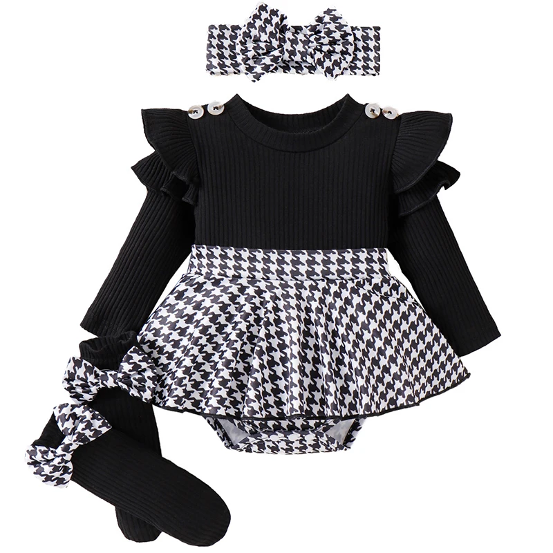 Ropa de otoño para niñas recién nacidas, mono de algodón de manga larga con bonito lazo a cuadros, banda para el pelo y calcetines, ropa de Boutique para bebés BC651, 4 Uds.
