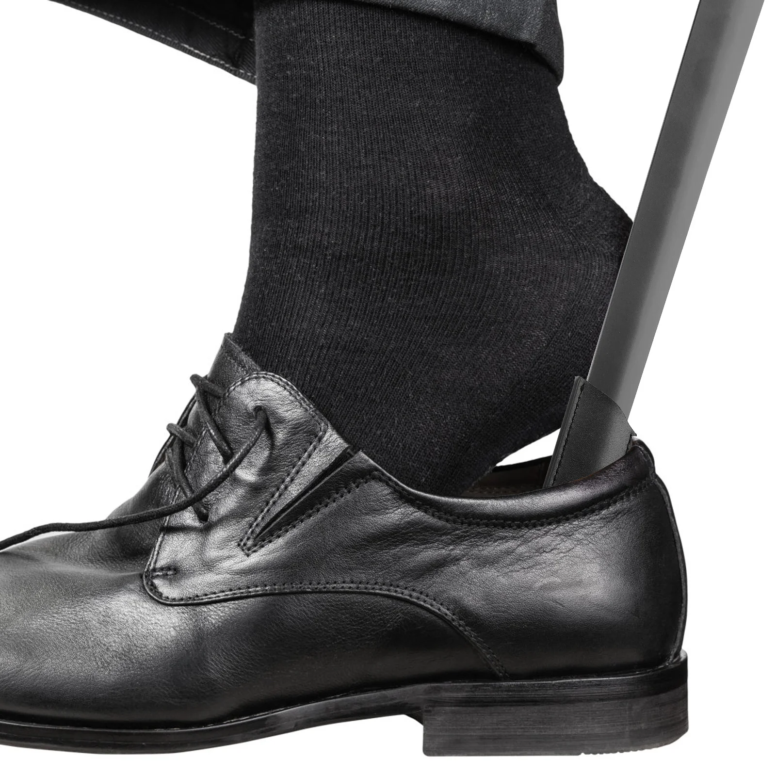 Calzador negro de acero inoxidable de primera calidad, mango largo, bordes lisos, agarre cómodo, elevador de zapatos duradero para viaje y hogar