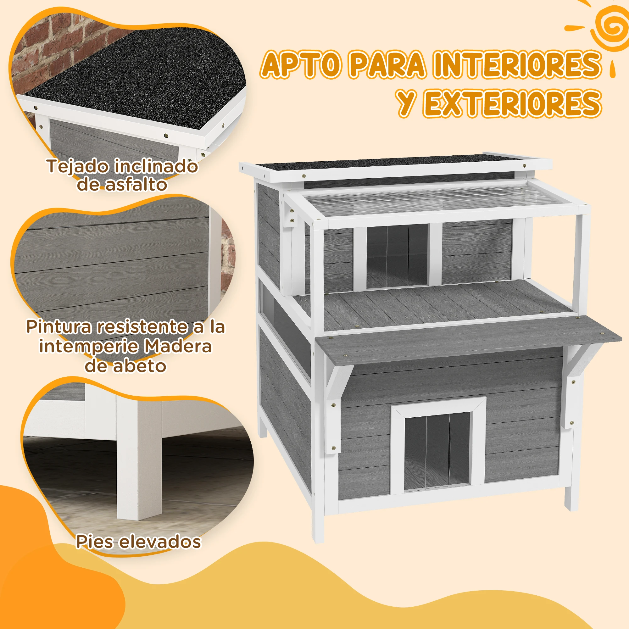 PawHut Caseta para Gatos de Madera 64x87x76 cm Casa para Gatos de 2 Niveles Refugio para Gatos con Techo Asfáltico Ventana y Puerta con Cortina para Interior y Exterior Gris Claro - imagen 4